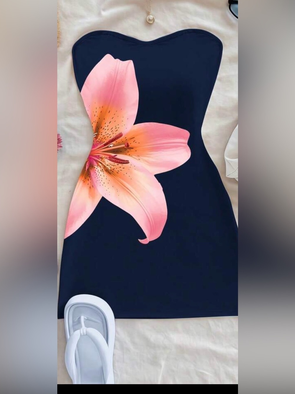Floral Navy Sheath Dress with Pink Lily Print